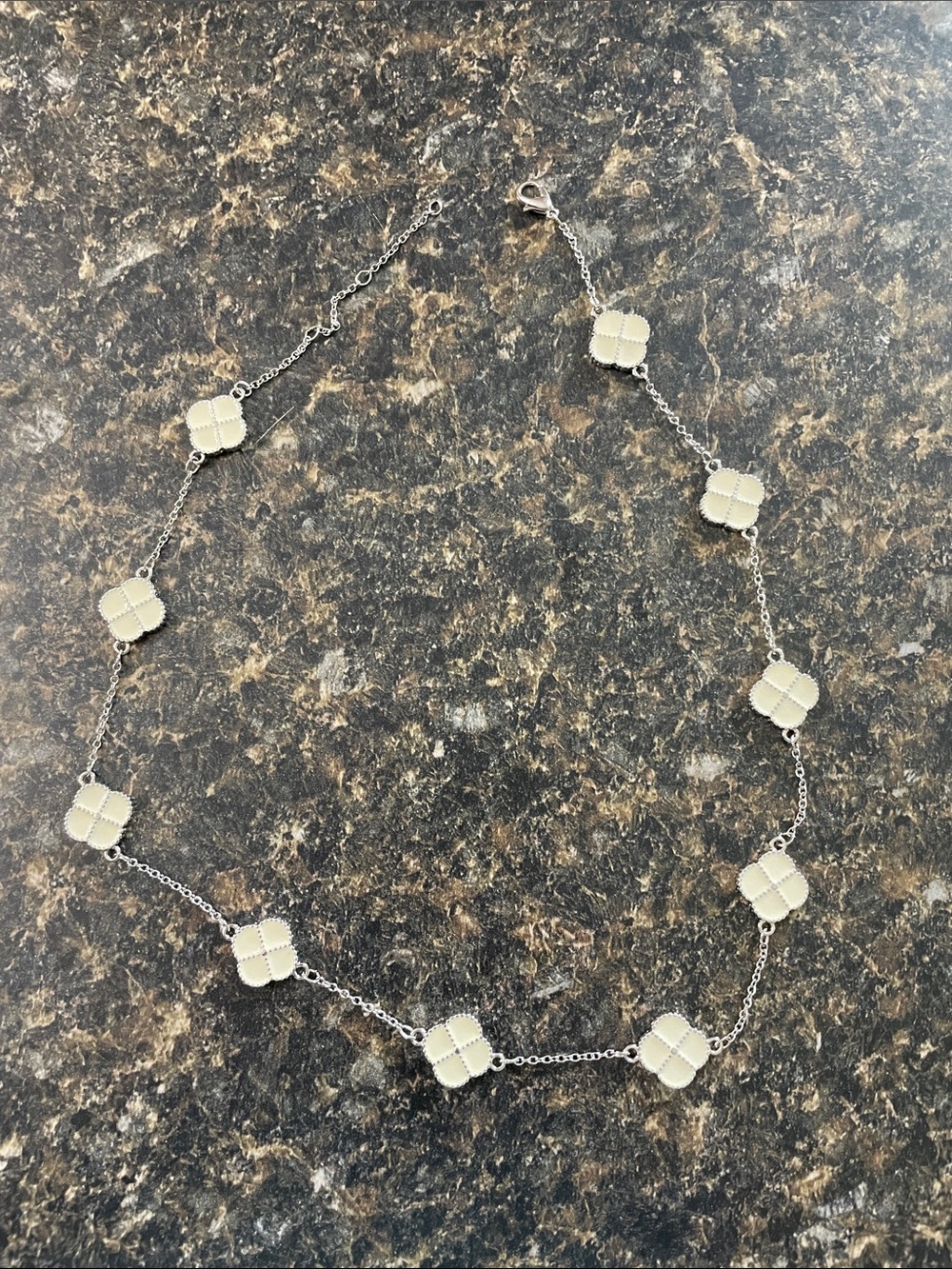Delicate Silver Clover Station Necklace - White Accents